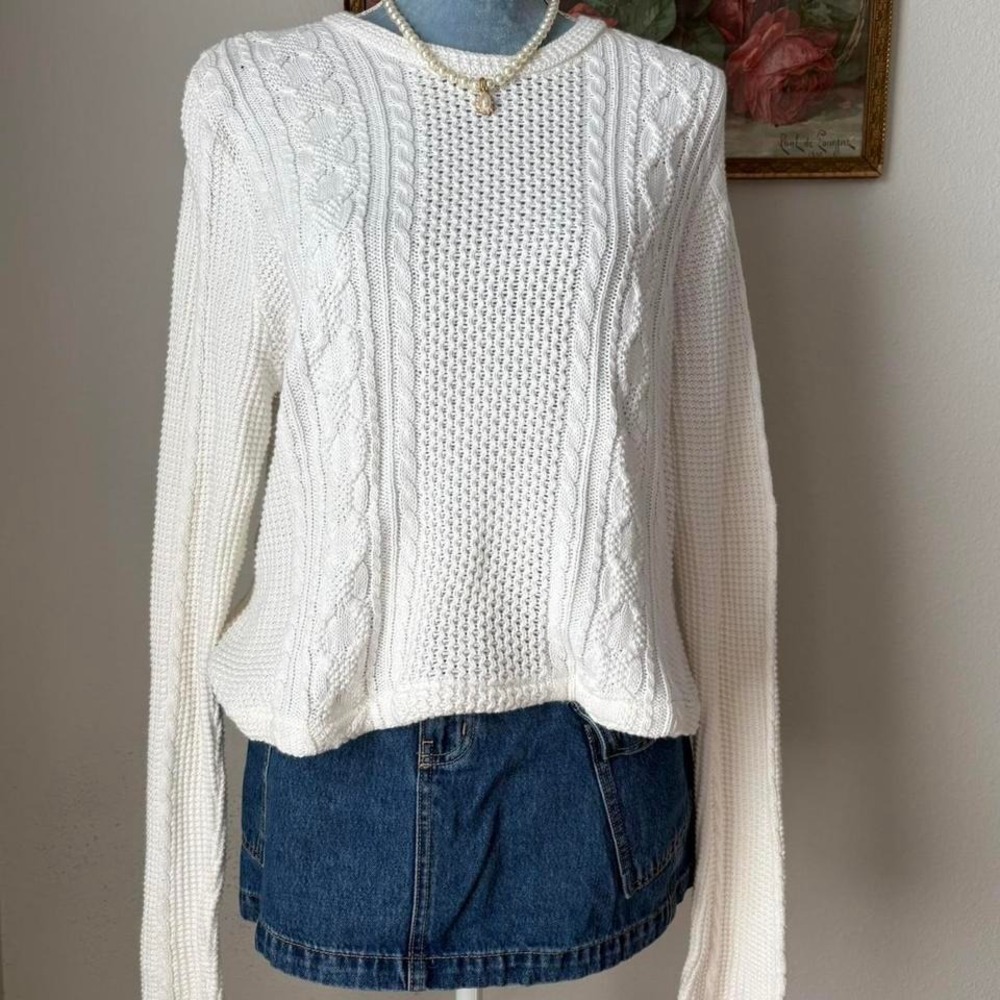White Cable Knit 100% Cotton Relaxed Fit Crewneck Sweater XS/S